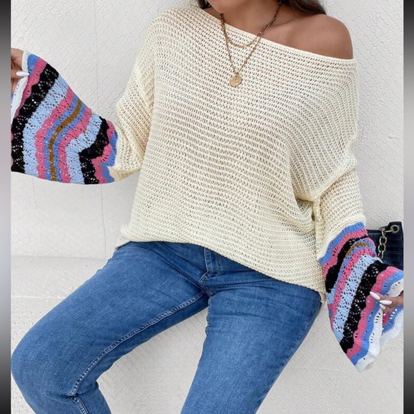 Plus Size Sheer Loose Knit Striped Pattern Drop Shoulder Sweater Top - Picture 6 of 7